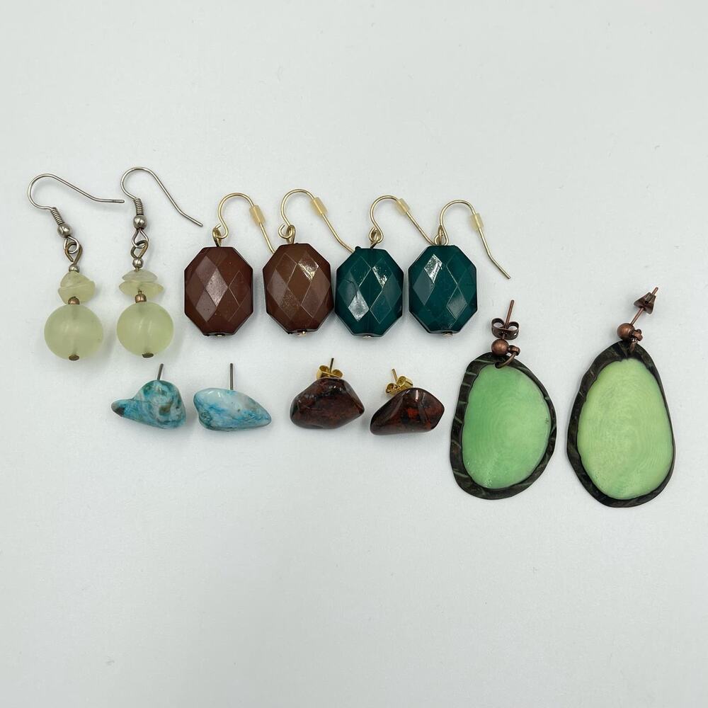 Lot SIX 6 Pair of Earrings Boho Stones Jade Drop Stud Assorted Green Blue Maroon